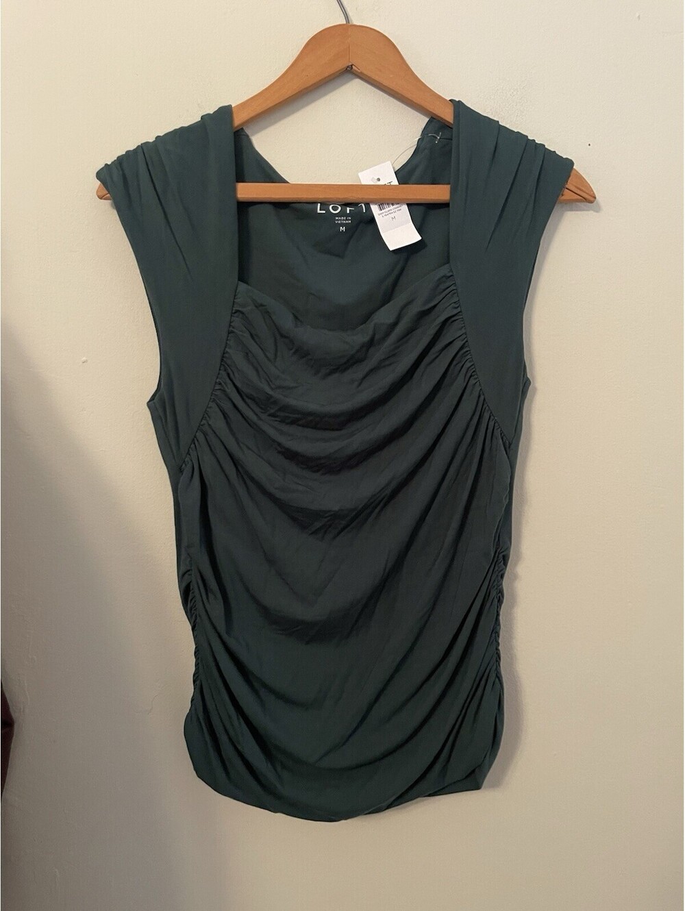 LOFT Green Ribbed Ruched Cap Sleeve Top Stretch Square Neck NWT Medium M